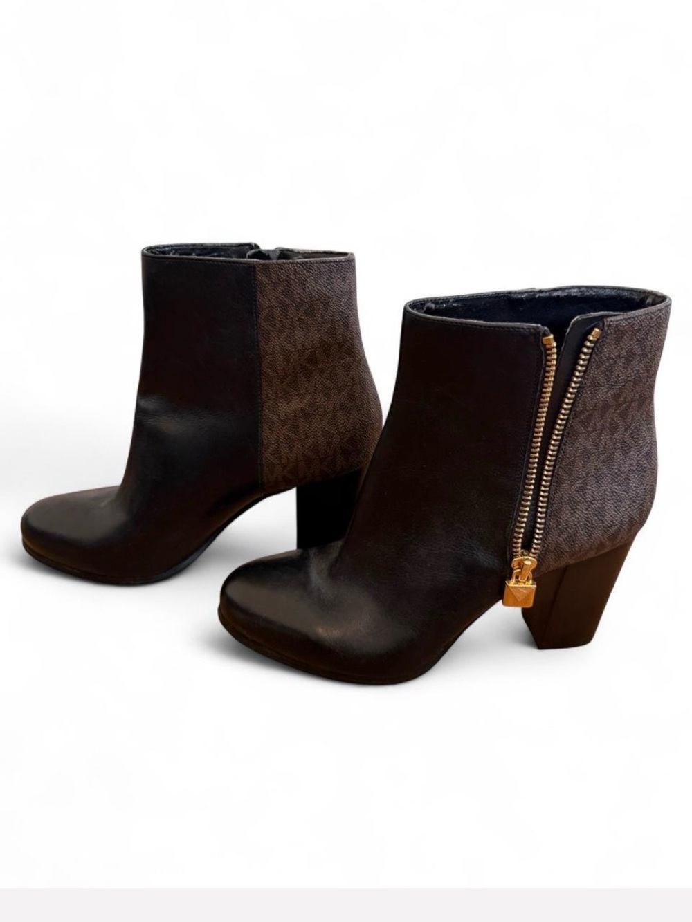 Michael Kors Black and Brown Leather Boots with Gold Zipper